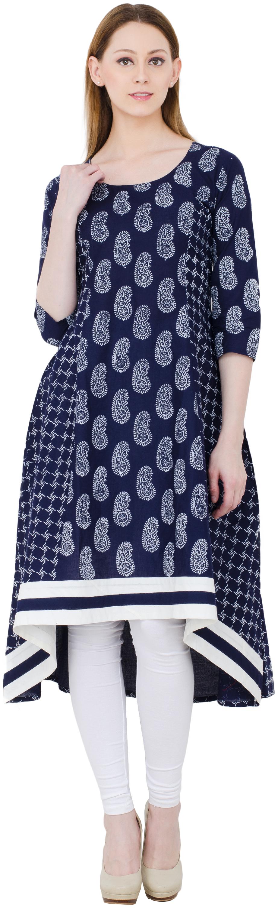 

Zoeyam s Women Cotton Printed A Line Kurti Navy Blue