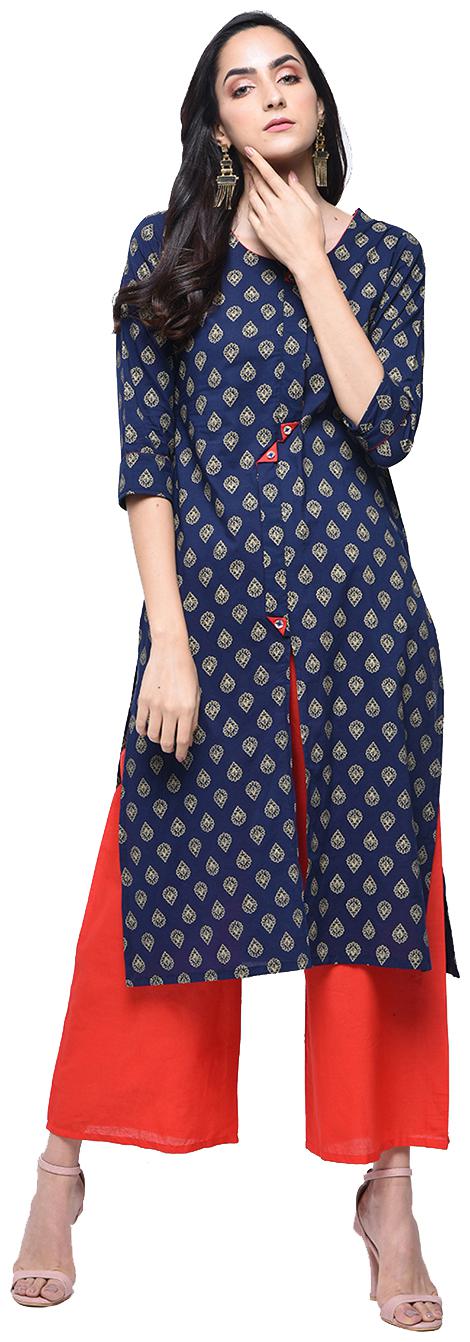 

zoeyam s Womens Blue Cotton Printed Long Straight Kurta With Cotton Palazzo