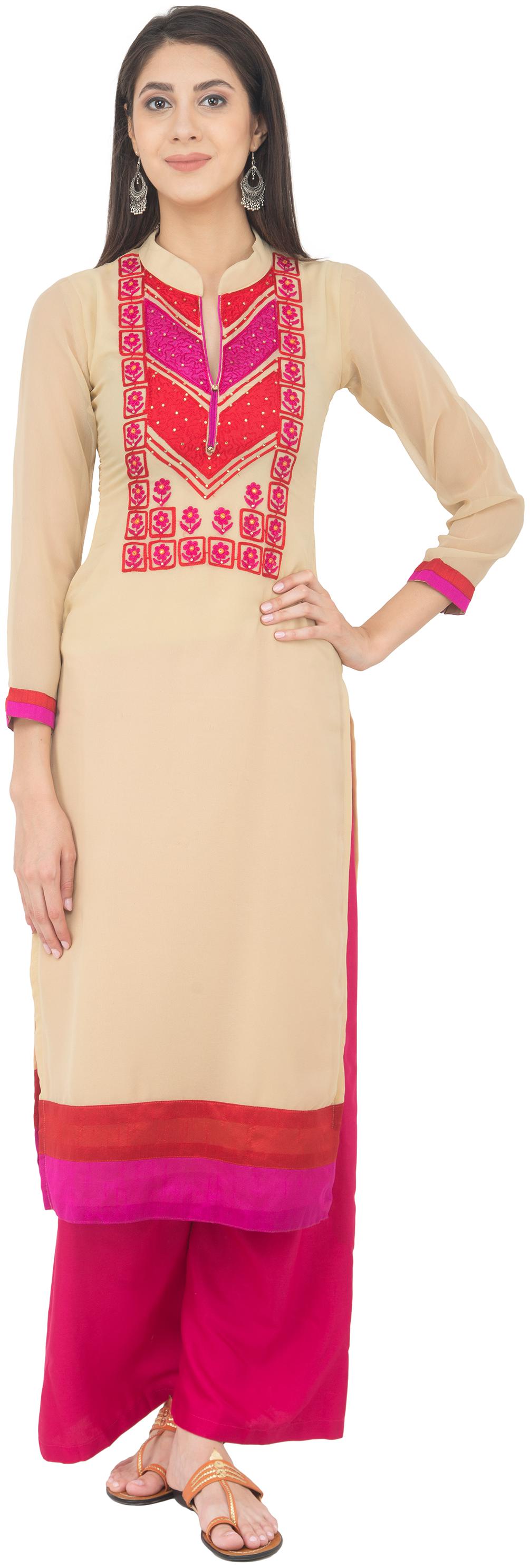 

Zoeyam s Women Beige Pink Embroidered Straight Kurti