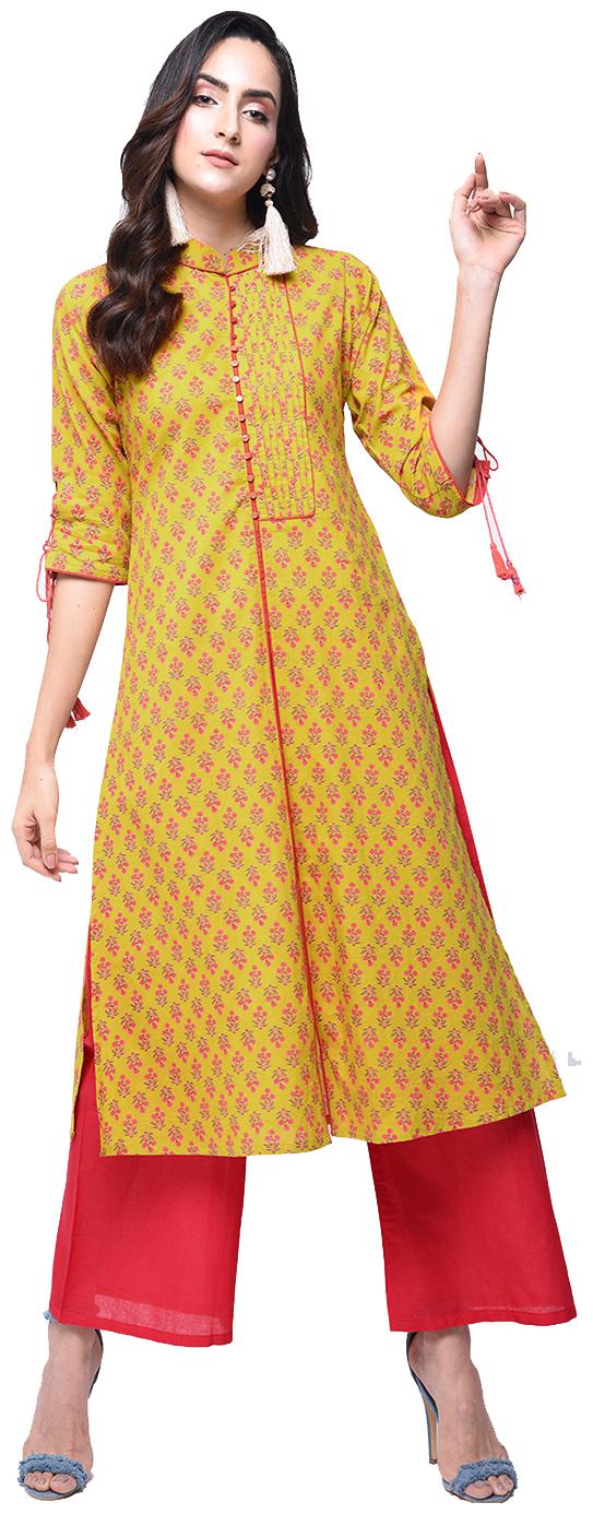 

zoeyam s Womens Yellow Cotton Printed Long Straight Kurta With Cotton Palazzo