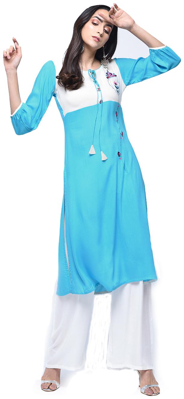 

zoeyam s Womens Blue Rayon Computer Embroidery Long Straight Kurta With Rayon Palazzo