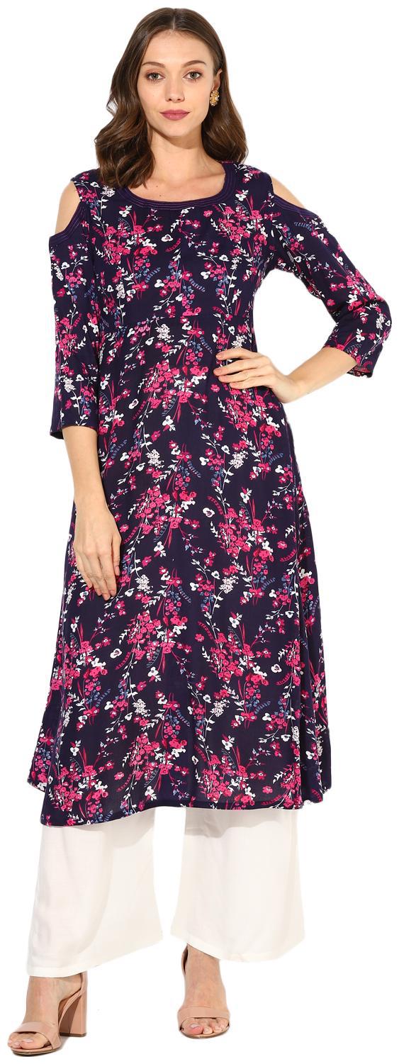 

Zoeyams Womens Multicolored Rayon Digital Prints Long Anarkali Kurta With Solid Rayon Palazzo Set