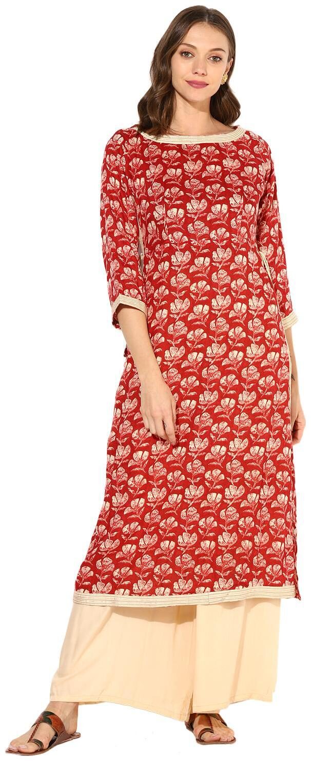 

Zoeyams Womens Multicolored Rayon Digital Printed Long Anarkali Kurta With Solid Beige Rayon Palazzo Set