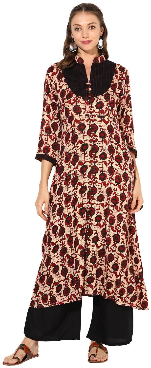 

Zoeyams Womens Multicolored Rayon Digital Printed Long Anarkali Kurta With Black Rayon Palazzo Set