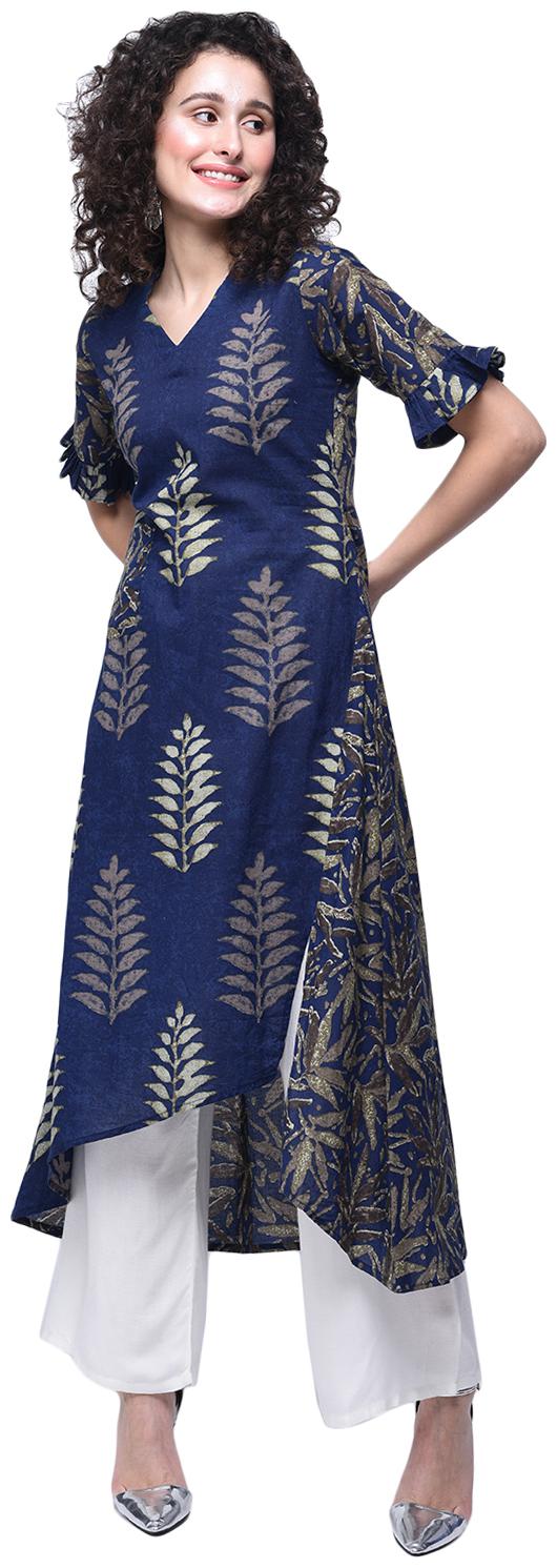 

Zoeyams Womens Blue Cotton Printed Long Anarkali Kurti With Cotton Palazzo