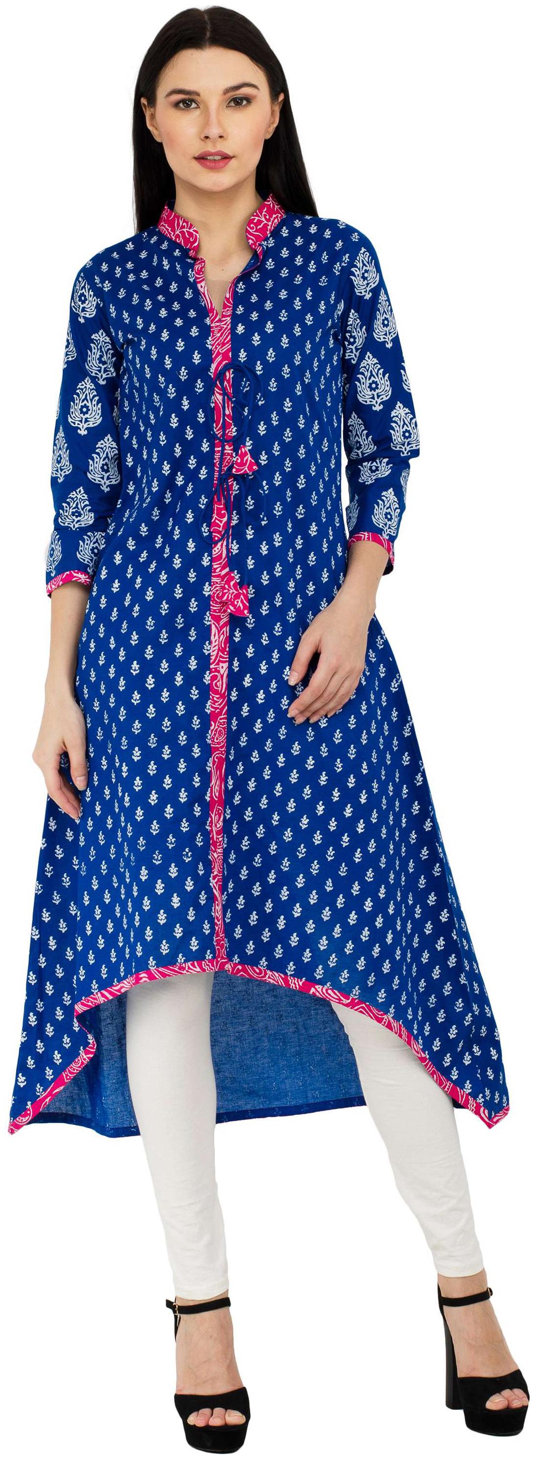 

Zoeyams Womens Blue Cotton Block Prints Long A-Line kurti
