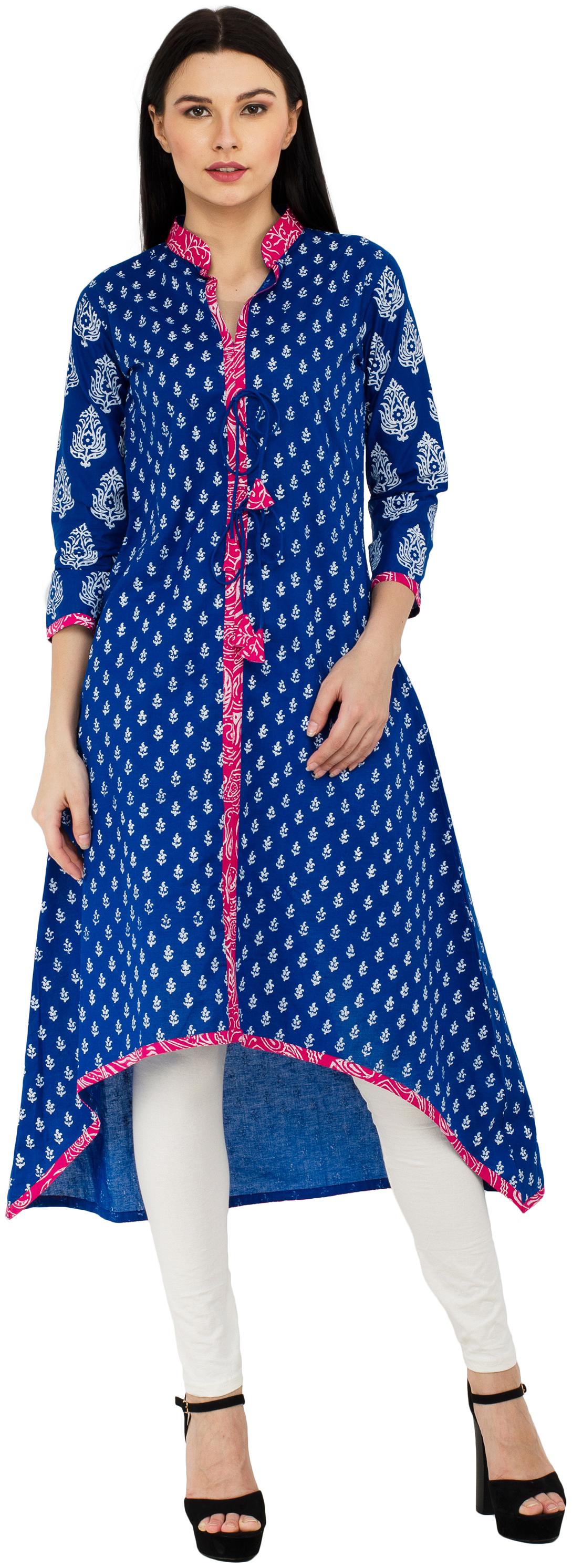 

Zoeyams Womens Blue Cotton Block Prints Long A-Line kurti