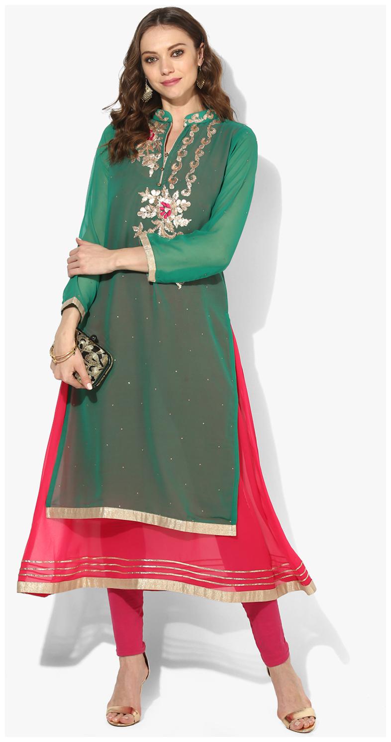 

Zoeyam s Women Green Embroidered Layered Kurta