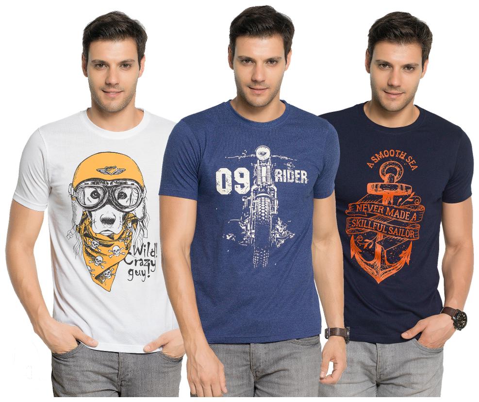 

Zorchee Men s Round Neck Half Sleeve Cotton Printed T-Shirts (Pack of 3) - White Navy Melange Navy Medium