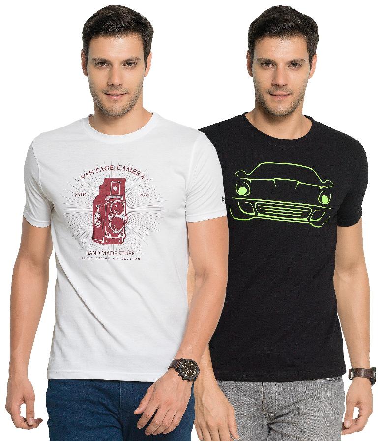 

Zorchee Men s Round Neck Half Sleeve Cotton Printed T-Shirts (Pack of 2) - White Black Large