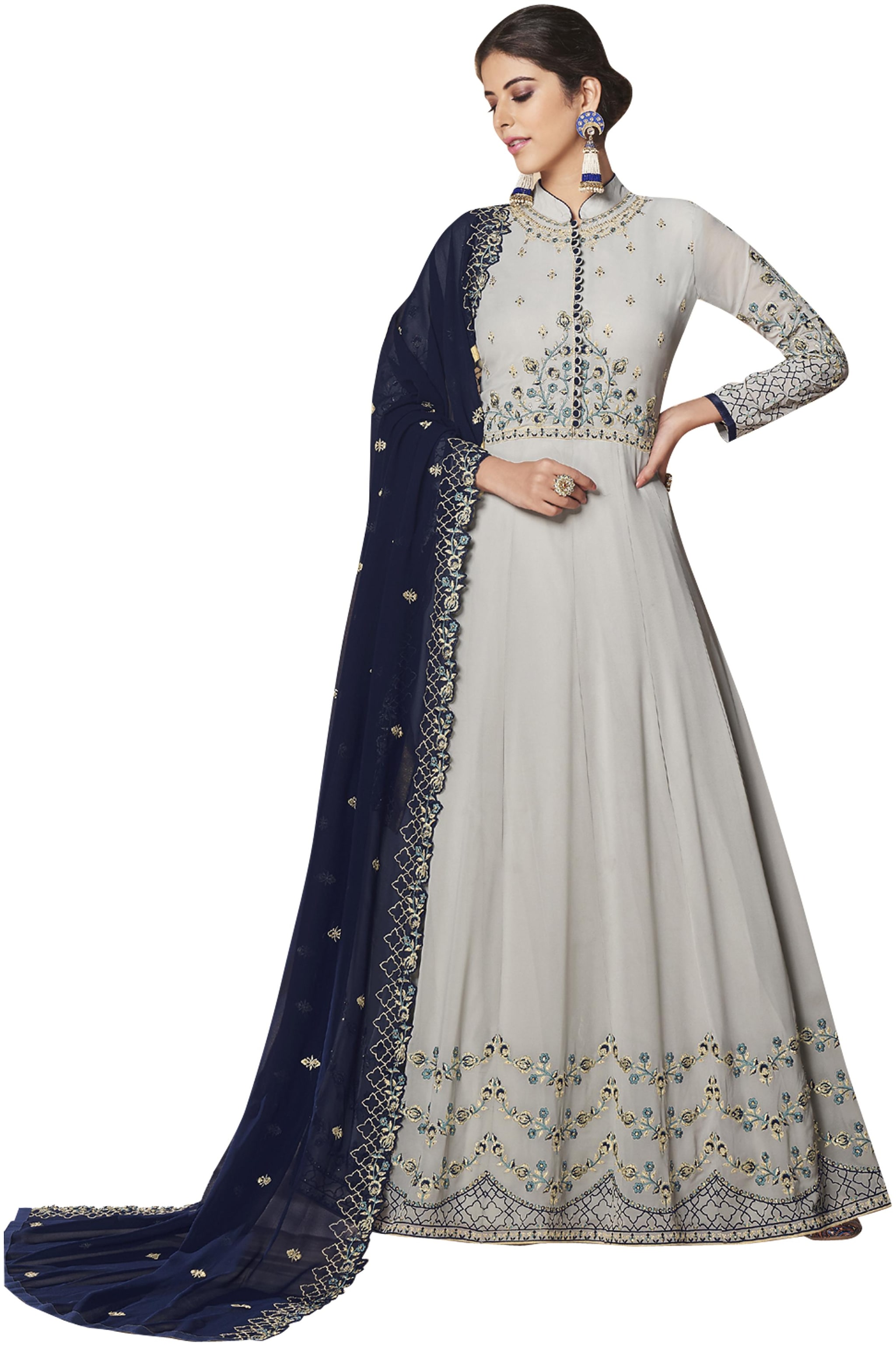 

Zoro Women Grey Color Faux Georgeette Fabric Embroidery Anarkali Style Kurta with Bottom Dupatta Suit