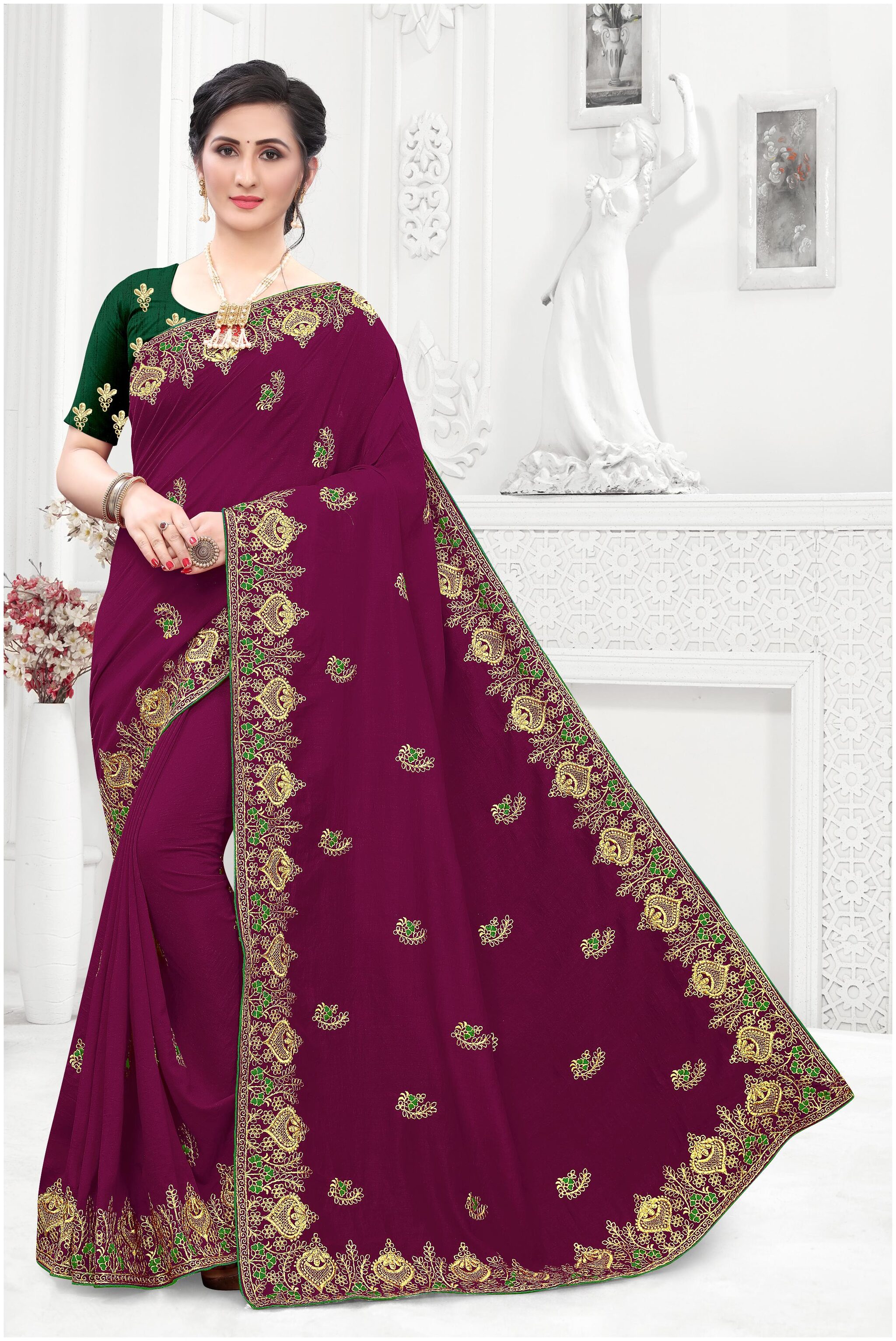 

Zowero Wedding Look Purple Vichitra Silk All Over Embroidered Work With Saree