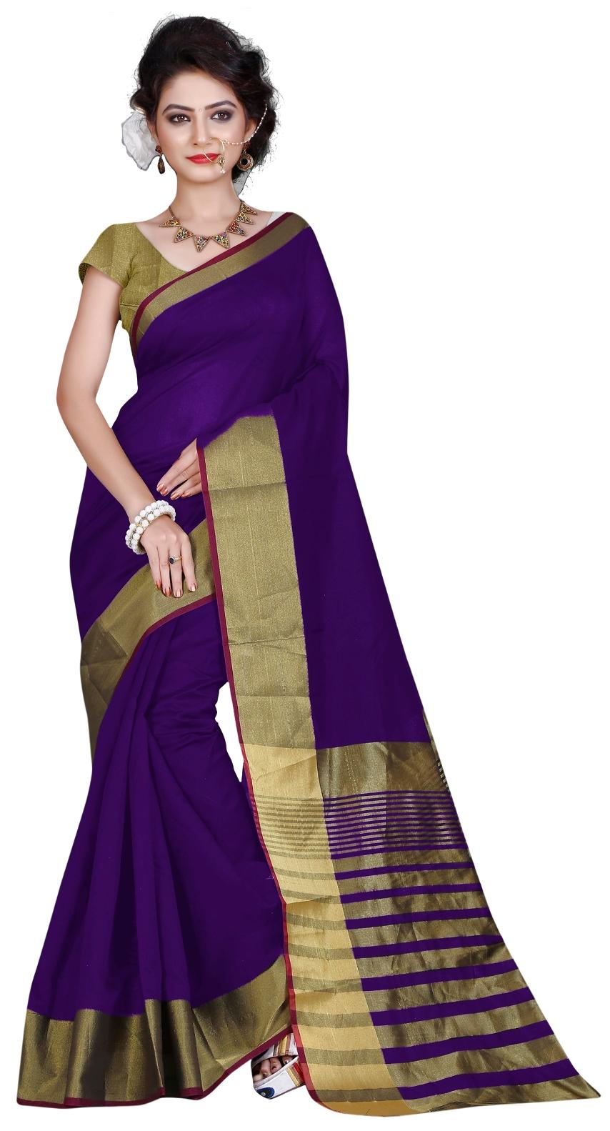 

ZpluesX Purple Striped Dupion Regular Saree With blouse