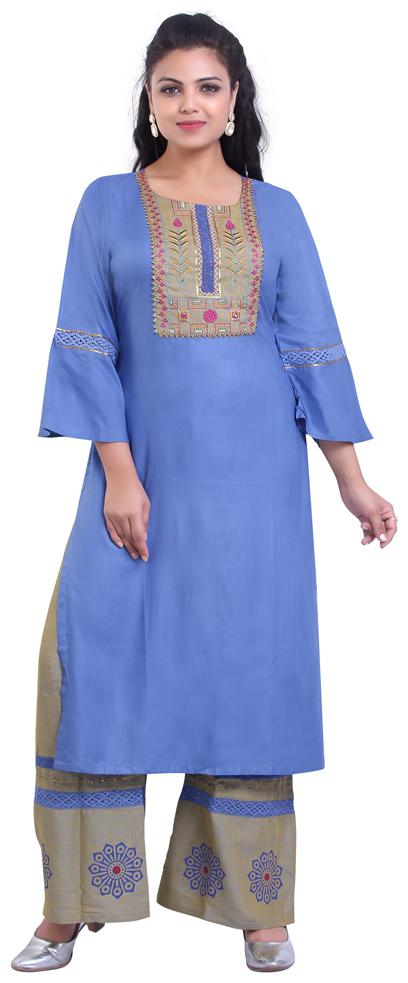 

Zri Blue Embroidered Kurta With Printed Palazzo For Women
