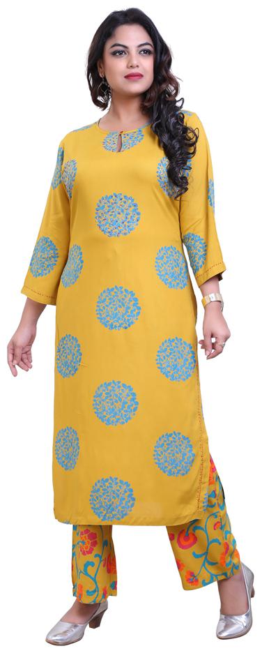 

ZRI Cotton Ethnic Motifs Mustard Kurta With Palazzo
