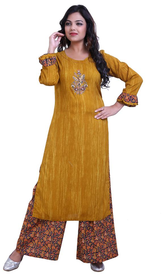 

ZRI Cotton Embroidery Mustard Kurta With Palazzo