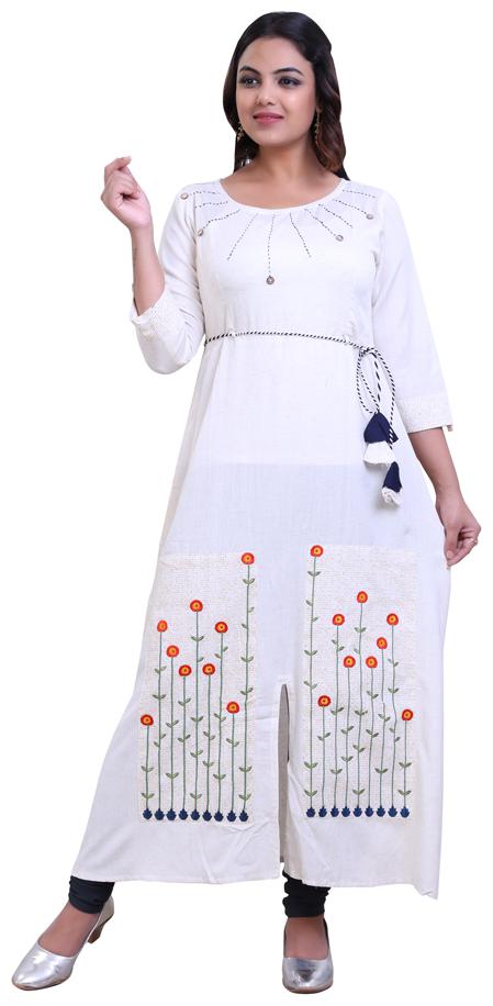 

ZRI Cotton Embroidered Cream Color Kurta For Women