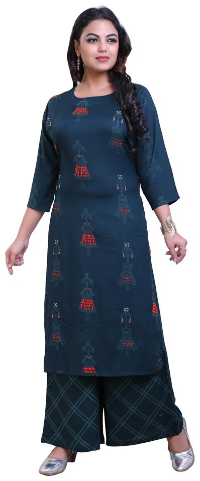 

ZRI Cotton Ethnic Motifs Green Kurta With Palazzo