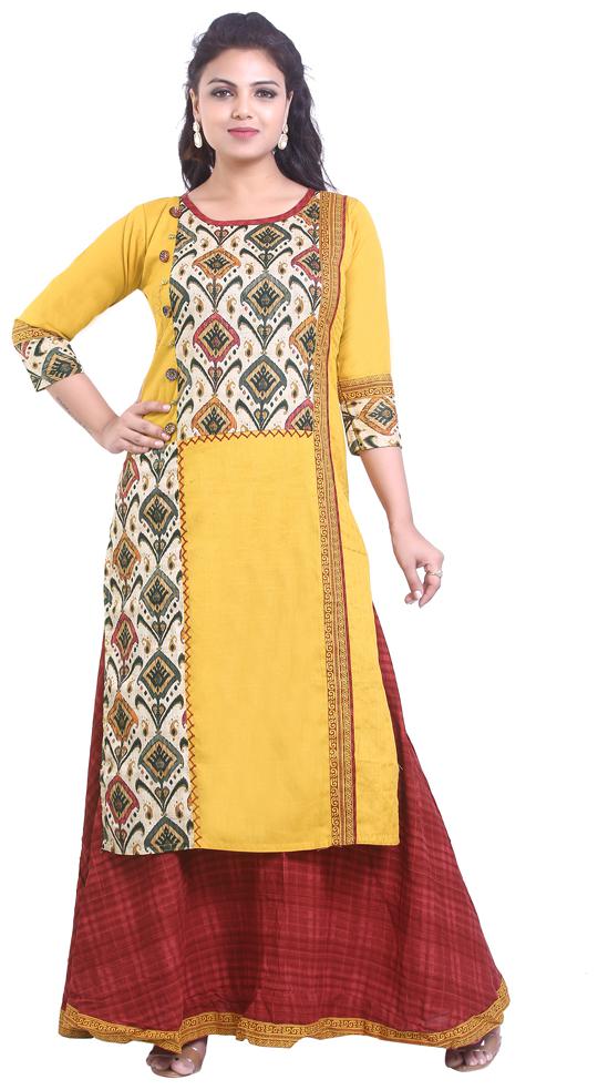

ZRI Cotton Embroidery Yellow Kurta With Skirt