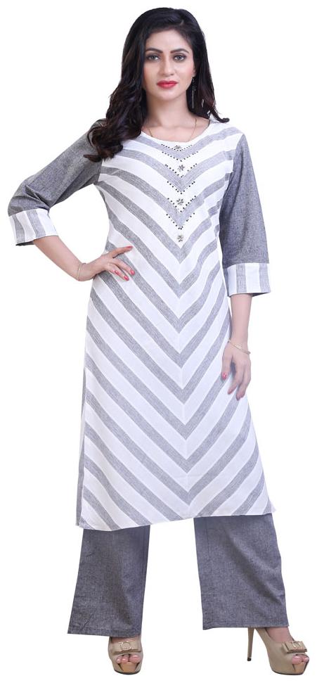 

ZRI Cotton Ethnic Motifs White Grey Kurta With Palazzo