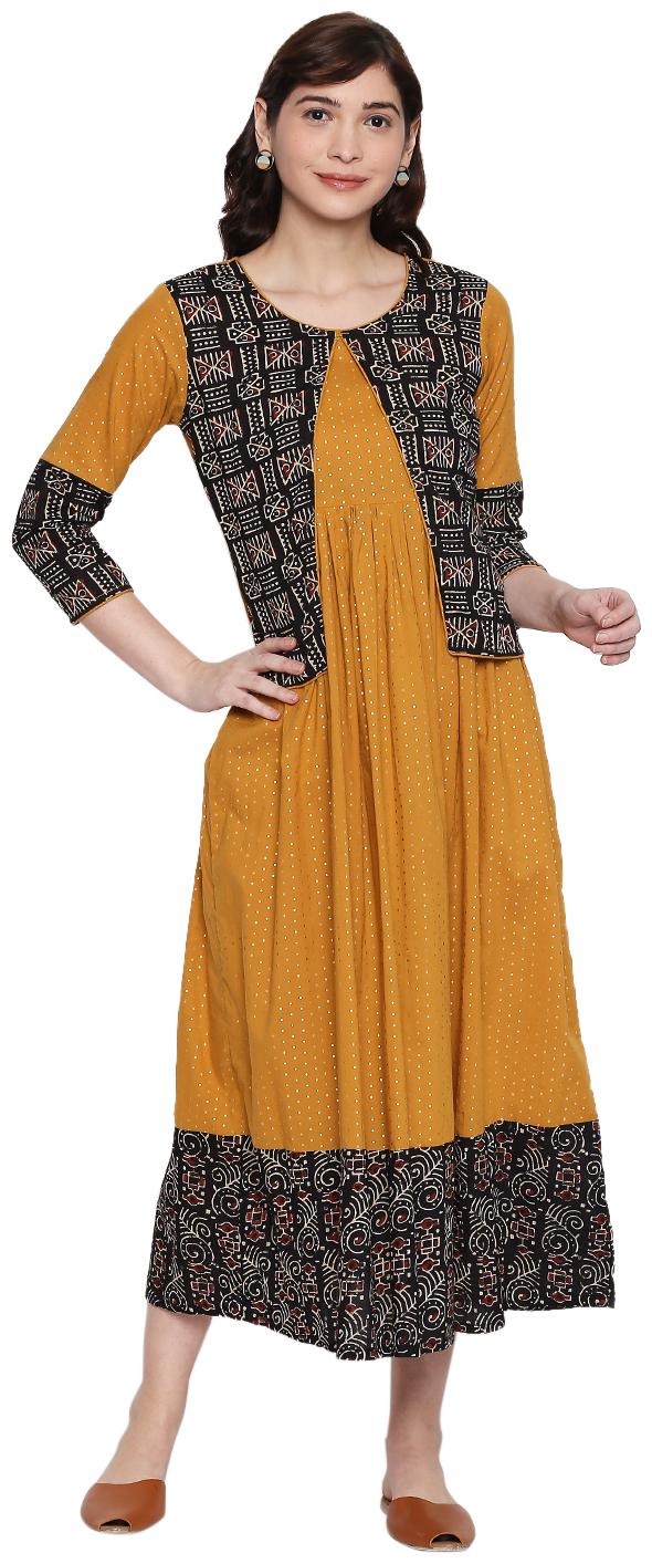 

ZRI Cotton Mustard Printed Kurta Dress For Women