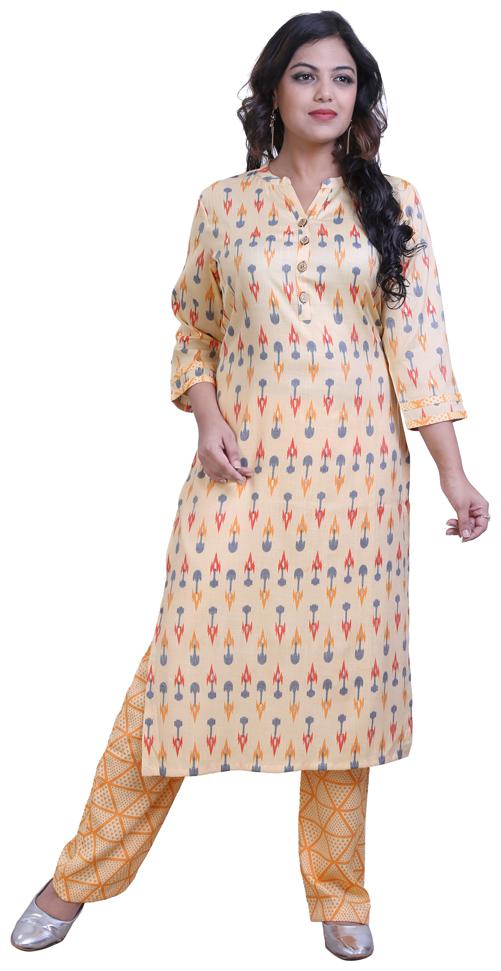 

ZRI Women Yellow Printed Straight Kurta With Pants
