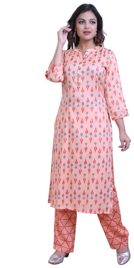 

ZRI Women Orange Printed Straight Kurta With Pants