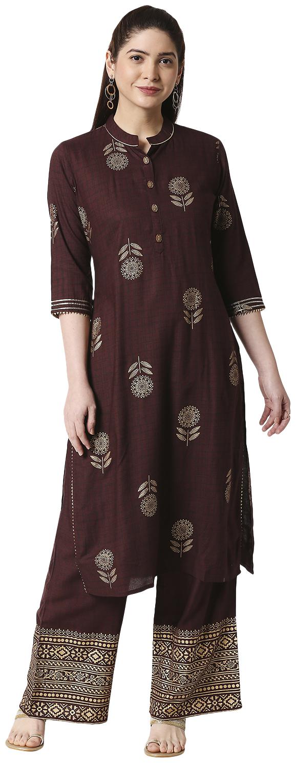 

Zri Maroon Floral Viscose Rayon Kurta Palazzo Set For Women