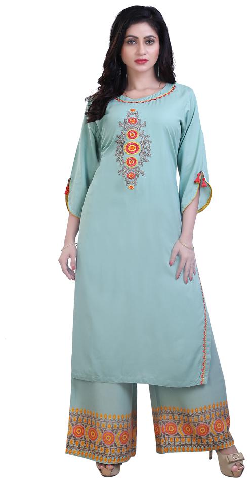 

ZRI Rayon Embroidery Green Kurta With Palazzo
