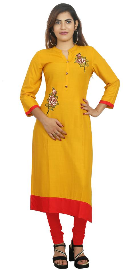 

ZRI Women Mustard Embroidered Straight Kurta