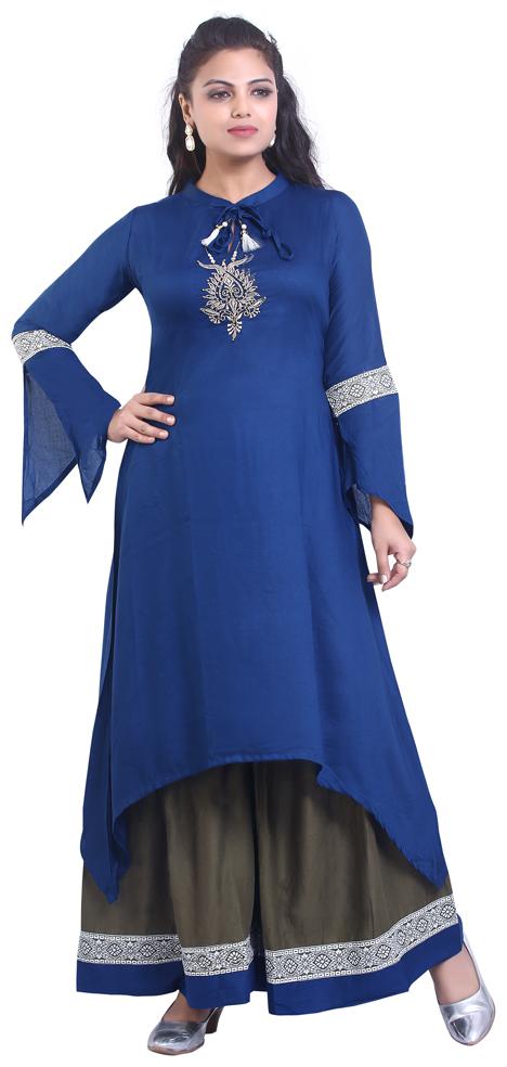 

ZRI Rayon Embroidery Blue Kurta Sharara
