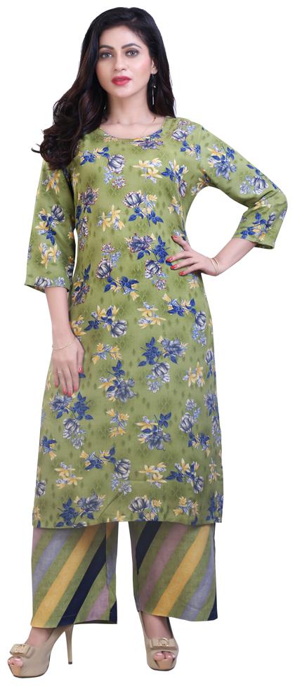

ZRI Women Green Floral Straight Kurta With Palazzo