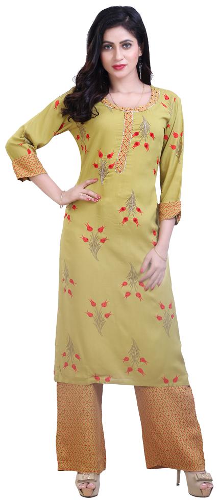 

ZRI Rayon Floral Green Kurta With Palazzo