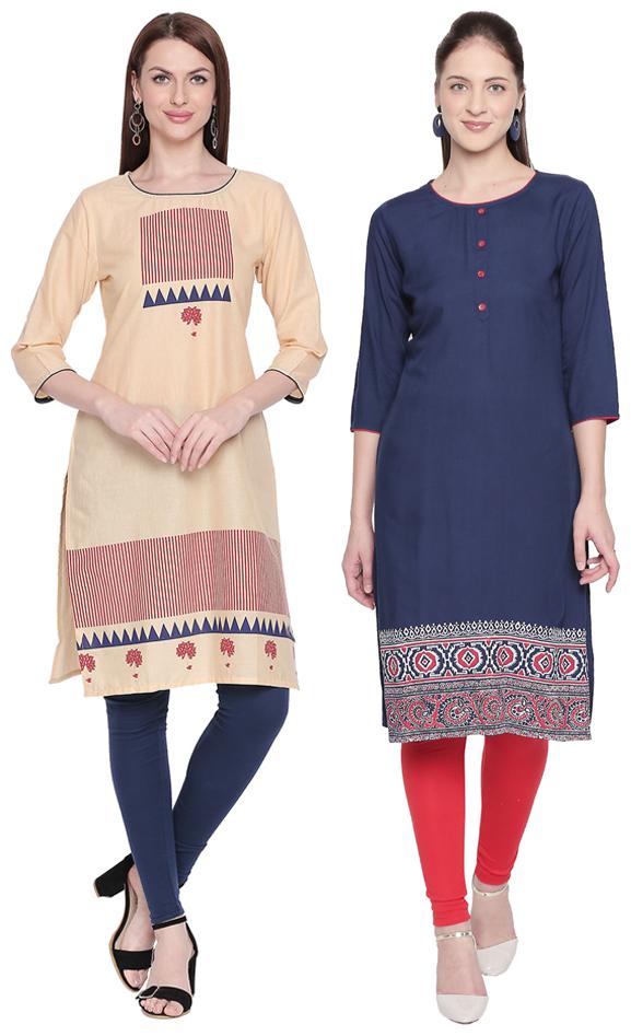 

ZRI Women Navy Blue Beige Printed Straight Kurta