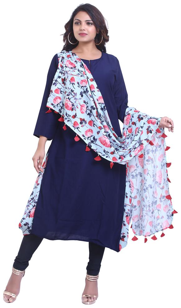 

ZRI Women Blue Solid Straight Kurta With Churidar And Dupatta