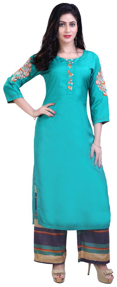 

ZRI Silk Embroidery Green Kurta With Palazzo