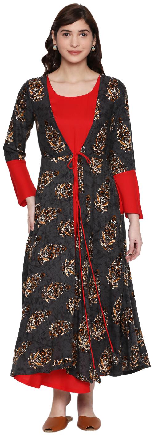 

ZRI Viscose Rayon Grey Floral Kurta Dress For Women
