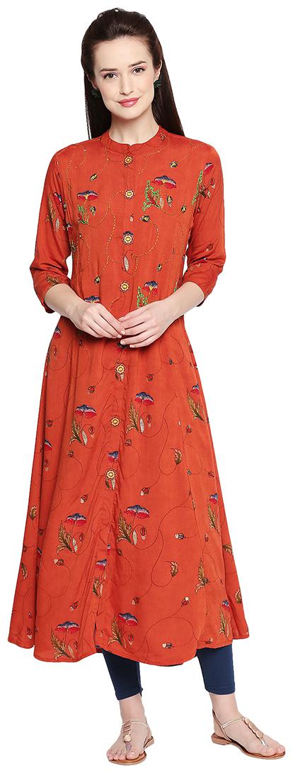 

ZRI Women Orange Embroidered Straight Kurta