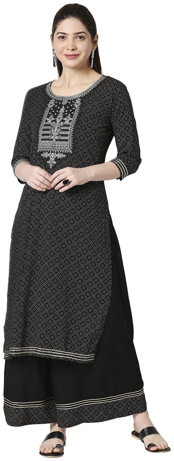 

ZRI Women Black Bandhani Straight Kurta With Palazzo