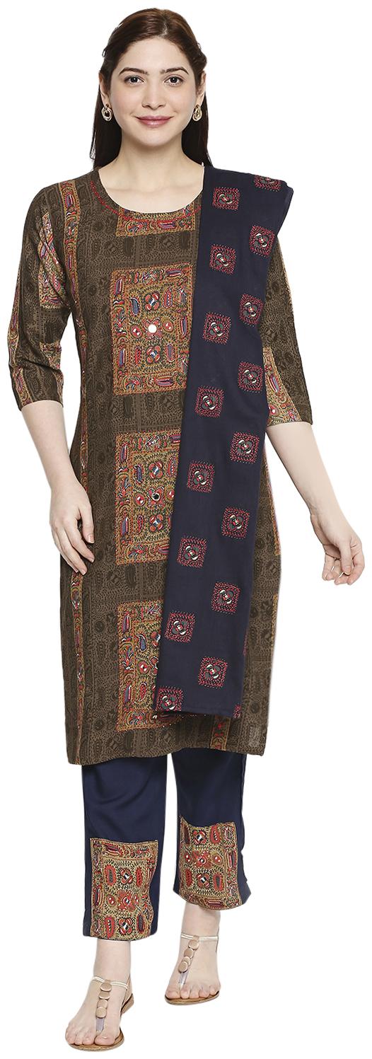 

Zri Women Brown Viscose Rayon Embroidered Kurta And Pants With Dupatta