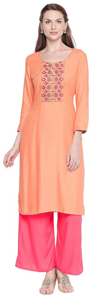

ZRI Women Peach Embroidered Regular Kurta