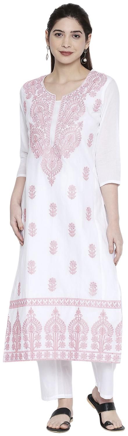 

ZRI Women Cotton Festival Straight Fit Kurta and Pant Set (White)