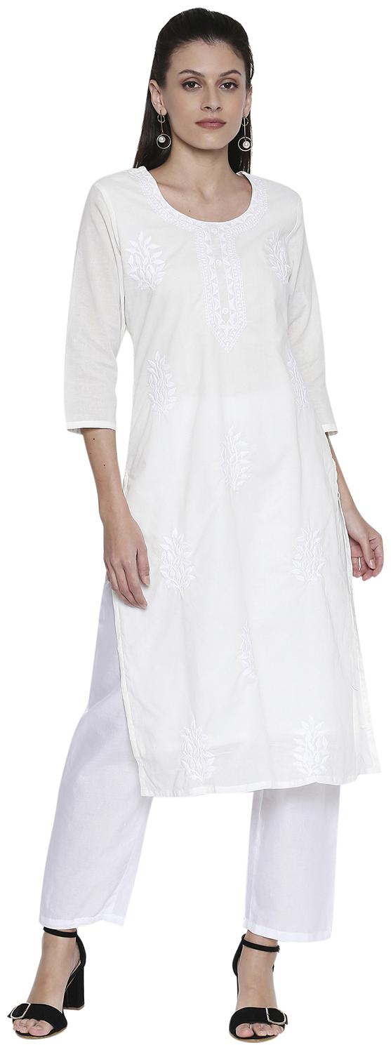 

ZRI Women Cotton Festival Straight Fit Kurta and Pant Set (White)