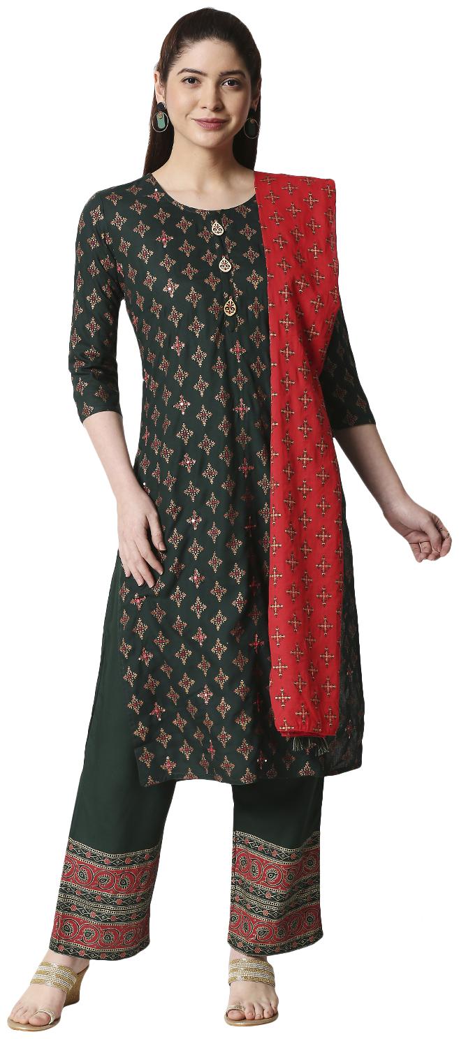 

Zri Women Dark Green Viscose Rayon Printed Kurta And Pants