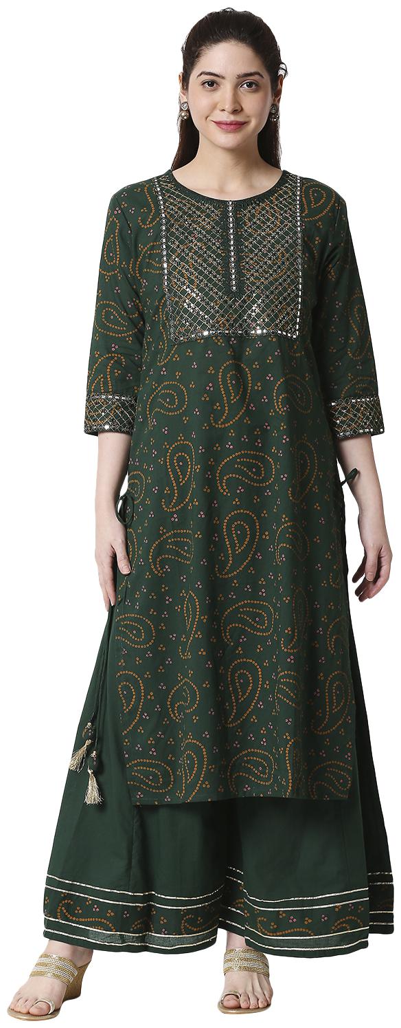 

ZRI Women Dark Green Viscose Rayon Bandhani Print Kurta Palazzo Set