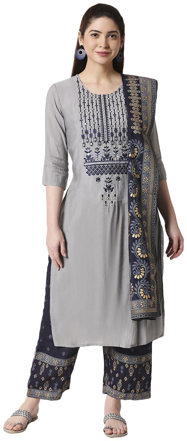

ZRI Women Grey Embroidered Kurta Palazzo Dupatta Set