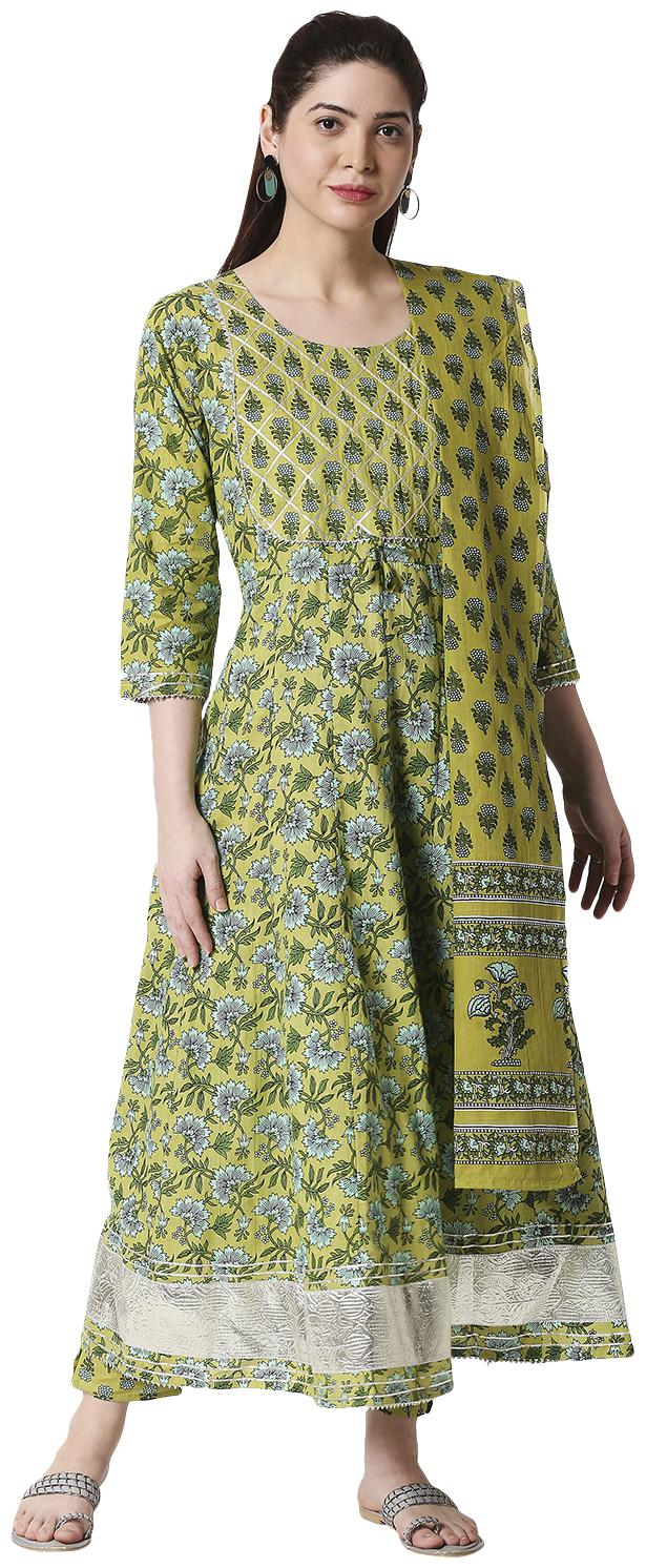 

Zri Women Green Cotton Floral Kurta And Pants
