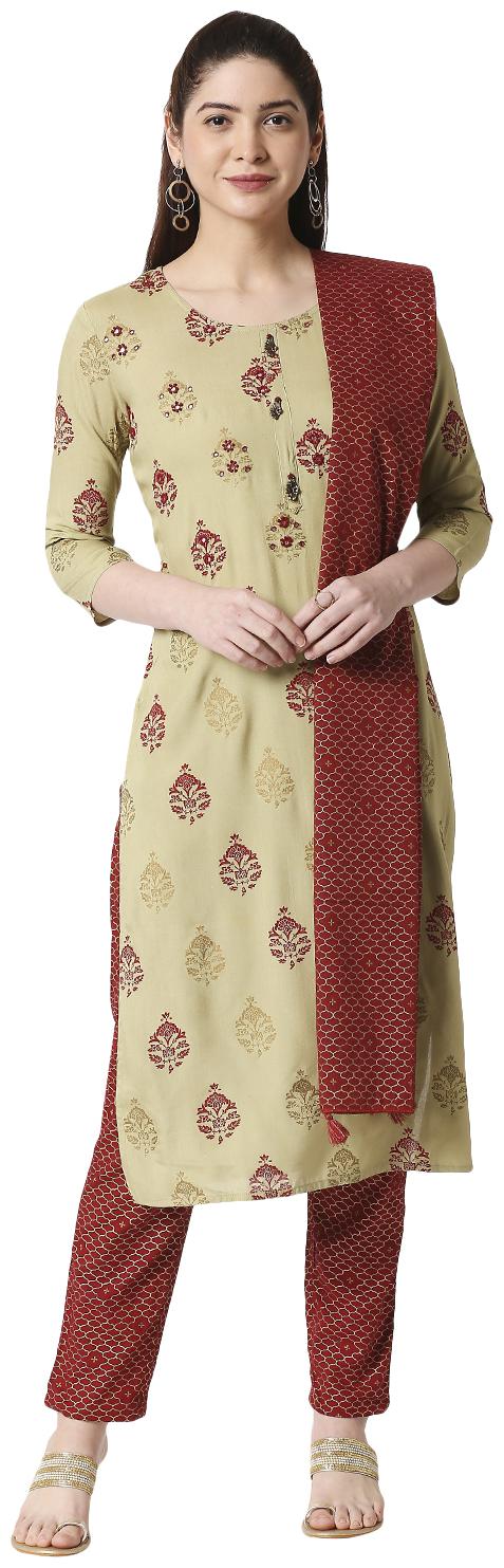 

Zri Women Green Viscose Rayon Embroidered Kurta And Pants