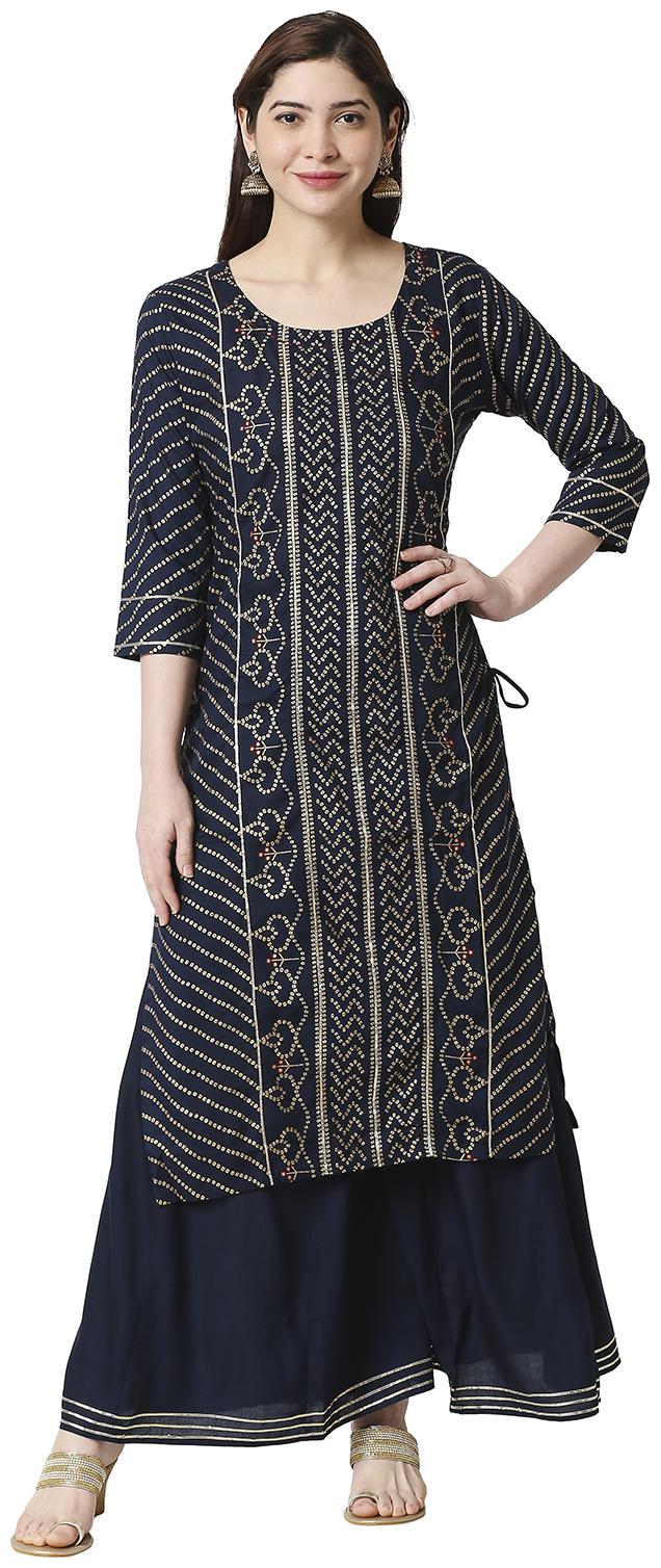 

ZRI Women Navy Blue Bandhani Print Kurta Palazzo Set