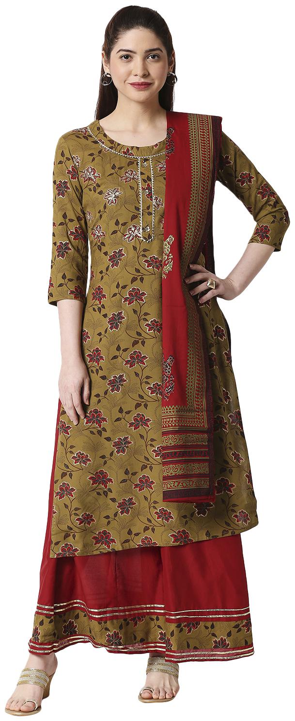 

ZRI Women Olive Green Floral Kurta Palazzo Dupatta Set